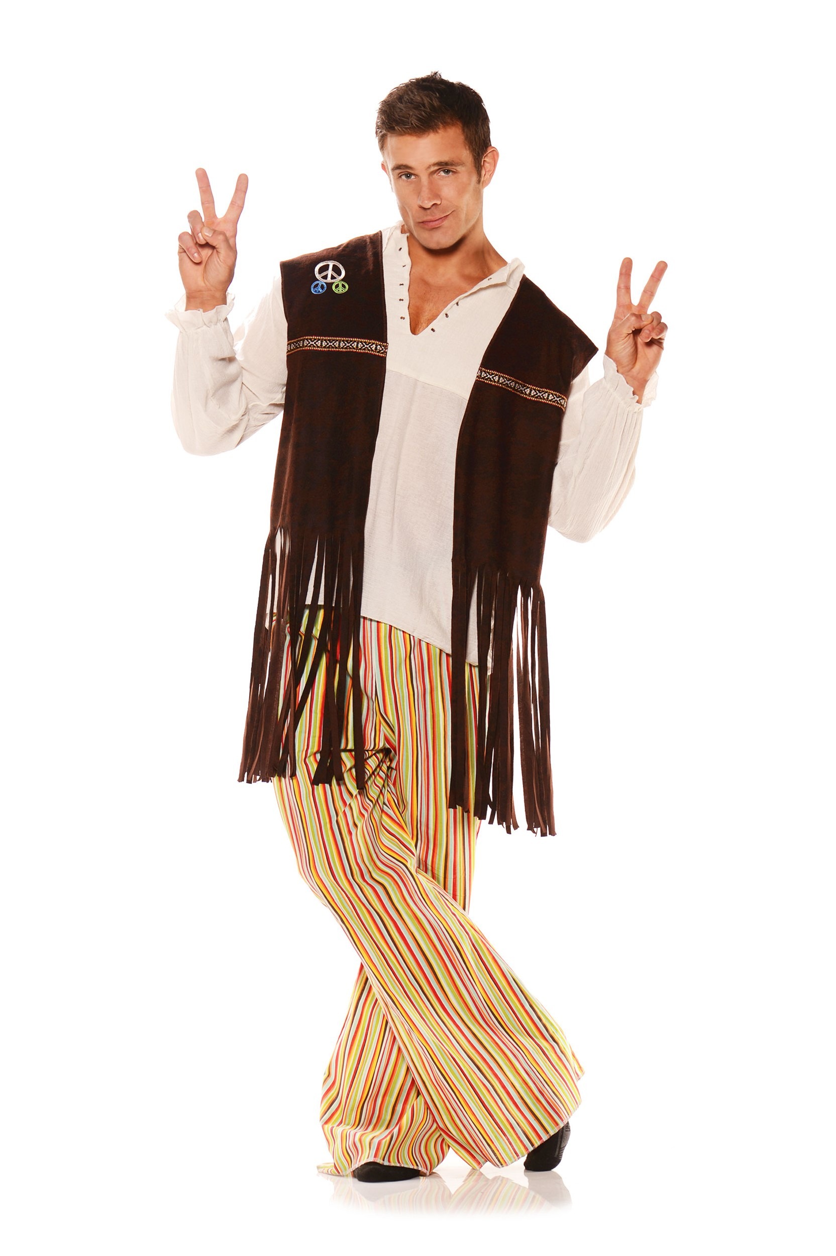 Conjunto de chaleco de disfraz hippie de Halloween para hombre, incluye  chaleco de flecos, collar con signo de paz y diadema de teñido anudado