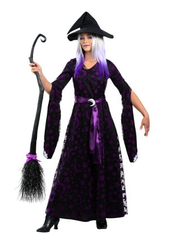 Disfraz de bruja lunar púrpura para mujer talla grande