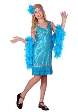 Disfraz niña estilo flapper de lentejuelas turquesa y flecos