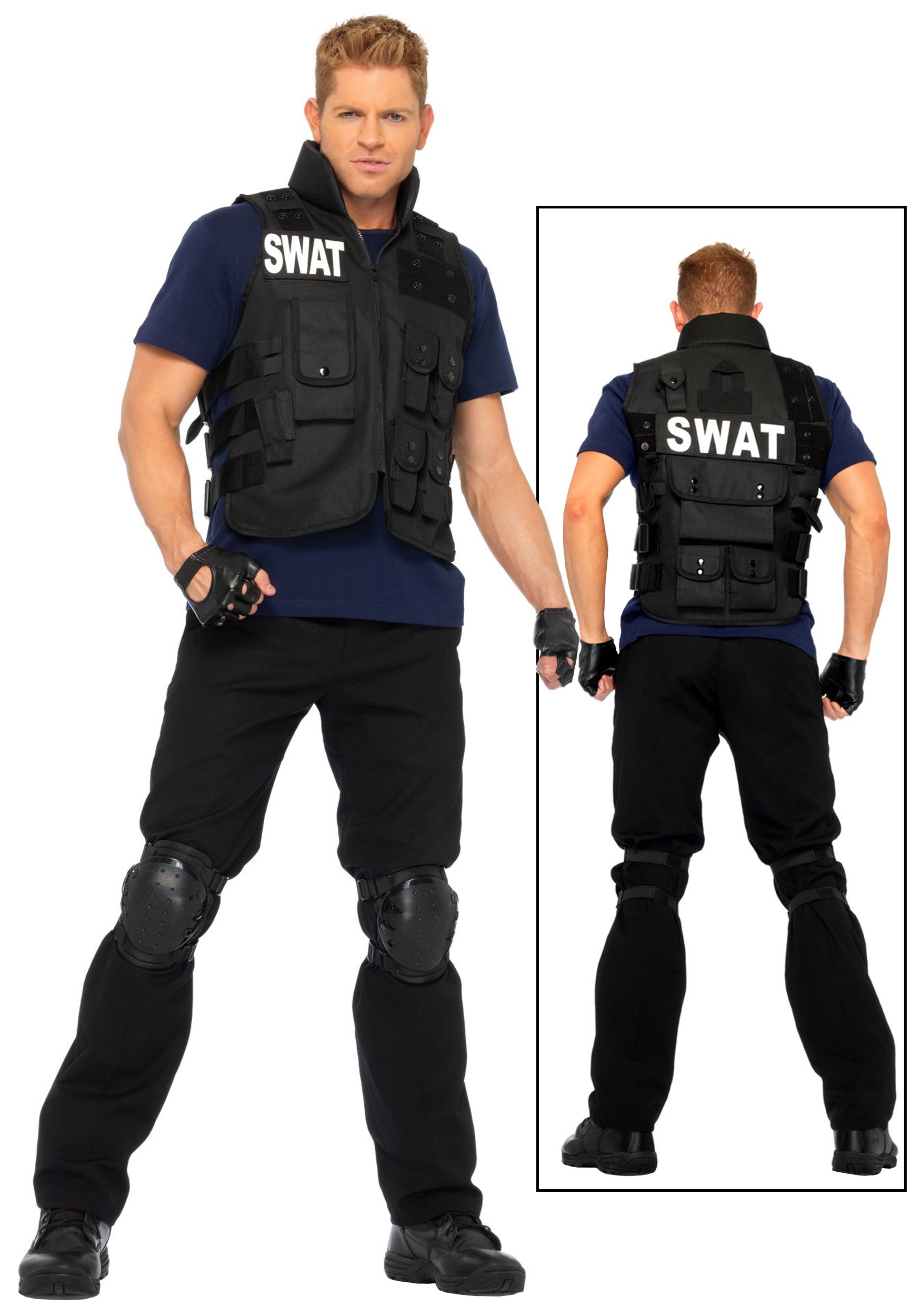 Swat con máscara facial de uniforme negro y chaleco antibalas